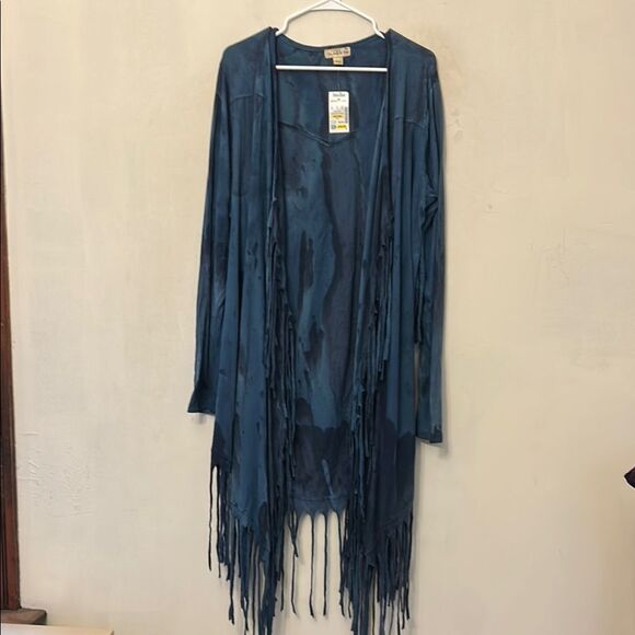 Live and Let Live Teal blue fringe open cardigan Size XL New - Picture 1 of 9